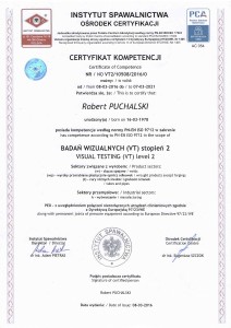 Certyfikat kompetencji VT2 Robert Puchalski 